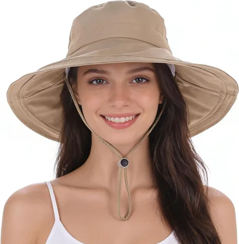 Vista 12 de Sombrero de ala ancha impermeable UPF 50+ para mujer con agujero para cola Beige