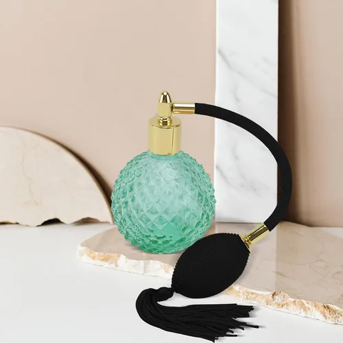 Vista 3 de HEALLILY Botella de perfume vintage de cristal de 3.4 fl oz recargable con borla larga, recipiente de vidrio vacío transparente para mujeres