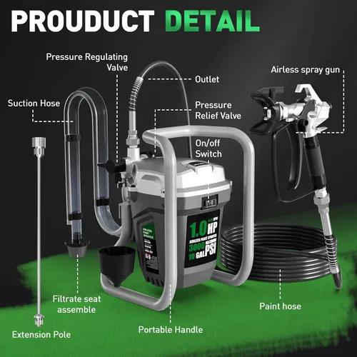 Vista 2 de Pulverizador de Pintura Sin Aire, Pistola de Pintura Eléctrica de Alta Presión con Varilla de Extensión, Herramienta de Pintura Profesional Sin