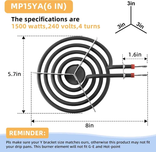 Vista 3 de 660532 MP15YA 1500W 4 Bobina Juego de Unidad de Quemador Eléctrico para Superficie de Estufa de 6 Pulgadas Adecuado para Reemplazo de Parte