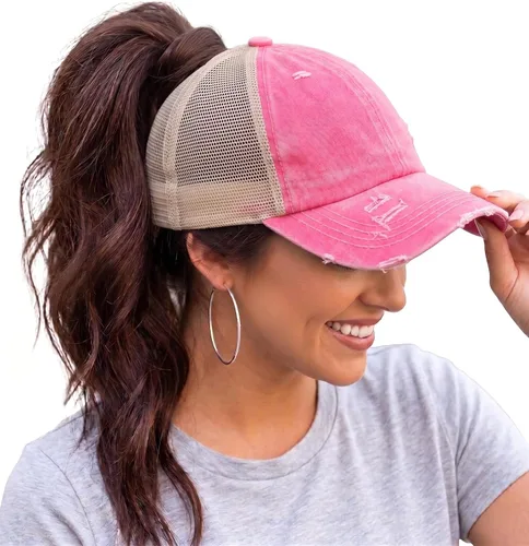 Vista 132 de Funky Junque - Sombrero de cola de caballo para mujer, gorra de béisbol con ajuste ajustable y cola de caballo alta cruzada para uso diario Paquete