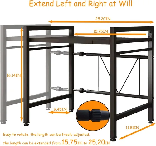 Vista 2 de Estante para horno de microondas, soporte para microondas, estante ajustable con 6 ganchos, estante para microondas, soporte para microondas