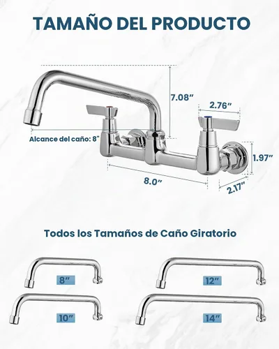 Vista 2 de Airuida Grifo de cocina comercial de montaje en pared, boquilla giratoria de 8 pulgadas, grifo de fregadero central de 8 pulgadas con asas dobles