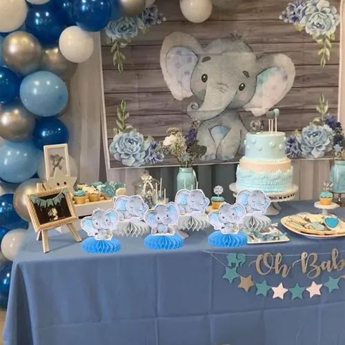 Vista 3 de ZHUOWEISM 6 piezas de centro de mesa de panal de elefante azul para It's a Boy Elephant Theme Reveal Género Reveal Baby Shower Niños Niños Fiesta