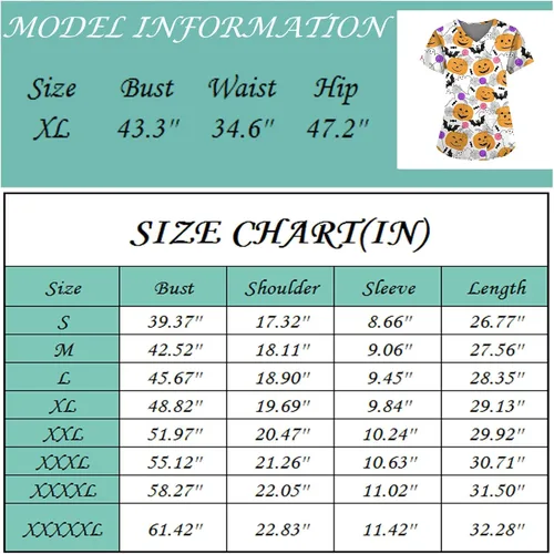 Vista 3 de Halloween Scrubs Print Scrub Tops for Women Breathable Pumpkin Bat Ghost Skull Pattern V-Neck Tee Tops with Pockets