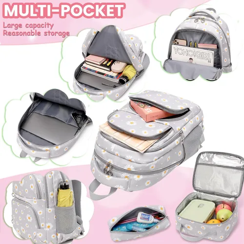 Vista 5 de YJMKOI Mochila con estampado de margaritas para niñas de secundaria y primaria, juego de mochila con lonchera (negro)