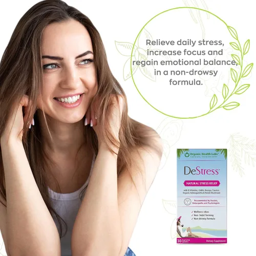 Vista 2 de DeStress Cápsulas totalmente naturales, sin somnolencia con vitaminas B, magnesio, Ashwagandha y L-teanina, 30 cápsulas vegetales - Organic Health