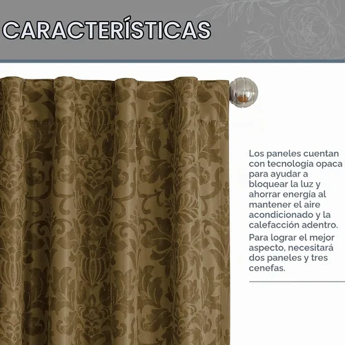 Vista 3 de Elrene Home Fashions Antonia Panel de Cortina Individual para Ventana con Diseño Floral de Damasco Opaca, 52"x84", Dorado Antiguo Oro envejecido