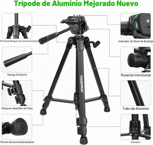 Vista 5 de Huepar - Trípode de nivel láser, trípode de 47 pulgadas para medidas de distancia láser de línea cruzada, teléfono y cámara, soporte de trípode