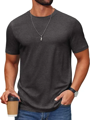 Vista 17 de COOFANDY Camiseta de manga corta para hombre, de mezcla de algodón, cuello redondo, informal, para verano, básica Verde militar