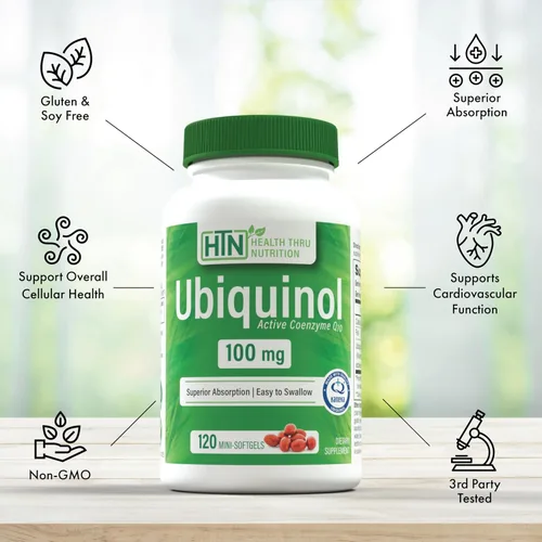 Vista 4 de Health Thru Nutrition Ubiquinol 100 mg 120 mini cápsulas blandas como Kaneka QH reducido CoQ-10 Probado por terceros Biodisponibilidad mejorada