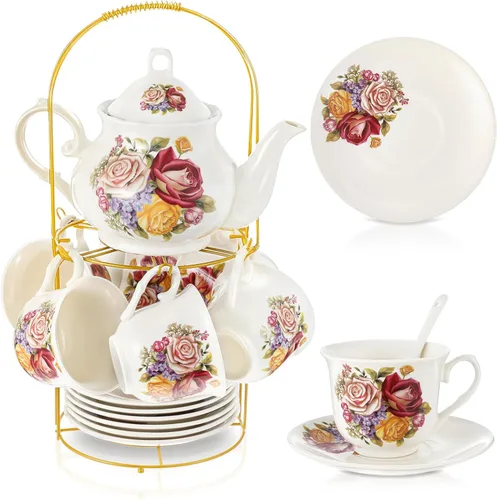 Vista 27 de Zhehao Juego de té de porcelana de 20 piezas con soporte de metal y cuchara para adultos, juego de té de cerámica para adultos, pintura de flores