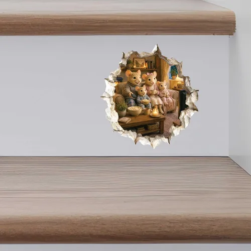Vista 9 de Calcomanía de pared 3D con agujero para ratón, diseño de familia de ratones