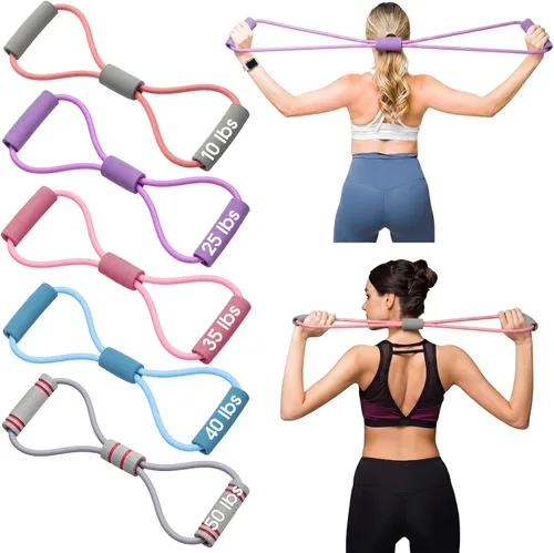 Vista 9 de Soulchen Paquete de 5 bandas elásticas de resistencia para brazos, espalda, pecho y hombros, yoga, pilates, estiramiento, entrenamiento para mujeres