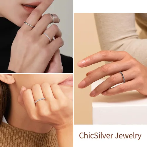Vista 8 de ChicSilver Anillo apilable personalizado de plata de ley 925 con circonita cúbica de 0.079 pulgadas, anillo de compromiso de eternidad para mujer