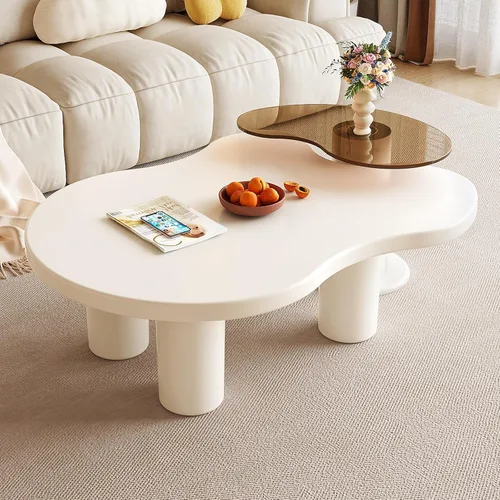 Vista 5 de Juego de 2 mesas de centro anidables modernas, con forma de nube irregular, color blanco crema, mesas centrales que ahorran espacio para sala