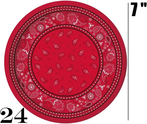 Vista 5 de Oojami Sirve 24 – Bandana roja suministros para fiesta occidental – Paquete completo de fiesta con platos llanos de 9 pulgadas, platos de postre