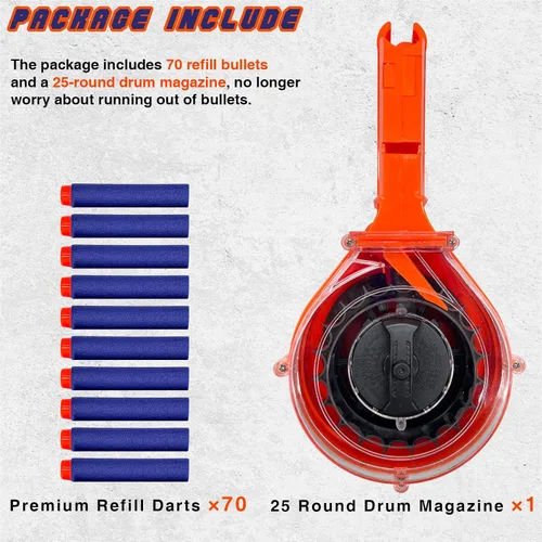 Vista 2 de 25-Round Drum Magazine with 70 Refill Darts Enhanced Performance Accessory Compatible with Nerf N-Strike Elite Series Blasters