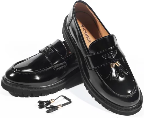 Vista 6 de MACNMEUU Mocasines de plataforma para mujer, mocasines de piel sintética para mujer, mocasines de piel sintética con borlas