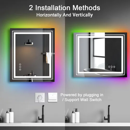 Vista 6 de Snowdool - Espejo LED para baño de 20"X28", con 8 luces RGB retroiluminadas + 3 luces frontales (ajustables individualmente), antiempañamiento, 3
