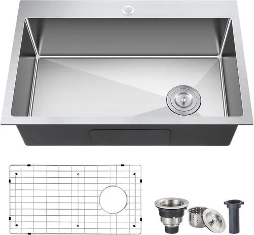 Vista 9 de ROVOGO Fregadero de cocina de 20 x 16 x 9 pulgadas, cuenco individual de acero inoxidable 304 hecho a mano, montaje superior moderno con rejilla