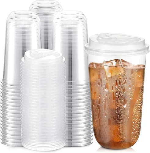 Vista 14 de Baderke Juego de 25 vasos de plástico transparente de 14 onzas con tapas, tazas de café helado resistentes con tapas, vasos de plástico desechables