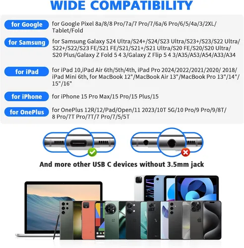 Vista 6 de Auriculares USB C para Samsung S25 Ultra S24 S23 Fe S22+, Auriculares tipo C con micrófono HiFi estéreo Control de volumen Auriculares magnéticos