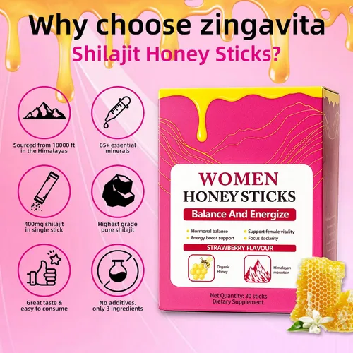 Vista 4 de Bloomin - Palitos de miel Shilajit para mujeres, palitos de miel de fresa, energía natural y potenciador de vitalidad con shatavari y azafrán