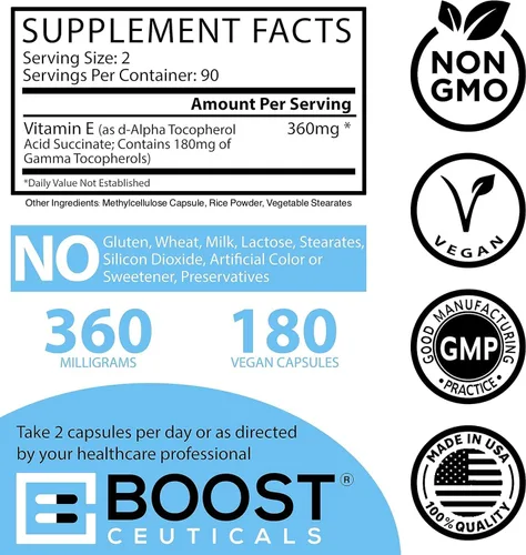 Vista 7 de Suplemento Gamma E Vitamina E 180mg Tocoferoles Mixtos - 180 Cápsulas Veganas Antioxidant for Heart and Inflammation Support, Non-GMO, Gluten