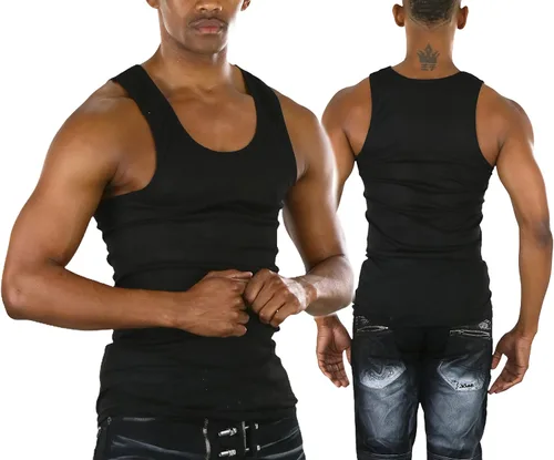 Vista 2 de ToBeInStyle Camiseta sin mangas para hombre, ajuste delgado, mezcla de algodón, color liso, cuello redondo