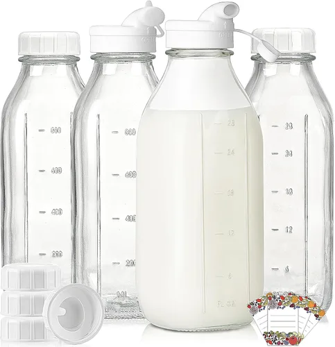 Vista 9 de Syntic Botellas de leche de vidrio cuadrado de un litro con tapa hermética, tapa de rosca resistente 100% a prueba de fugas, botellas de jugo