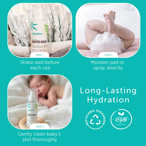 Vista 5 de Mambino Organics Lavado de área de pañales, suave spray para dermatitis del pañal sin enjuague para pieles sensibles, agua de limpieza para bebés
