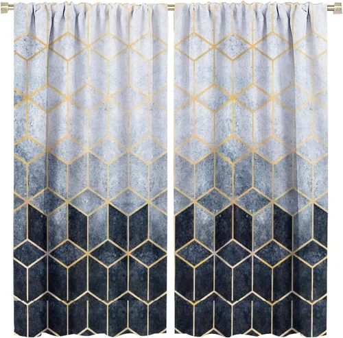 Vista 3 de YCness Cortinas de Mármol Geométricas, Azul Marino Dorado Geometría Abstracta Patrón Hexagonal Textura Tratamientos para Ventanas para Dormitorio