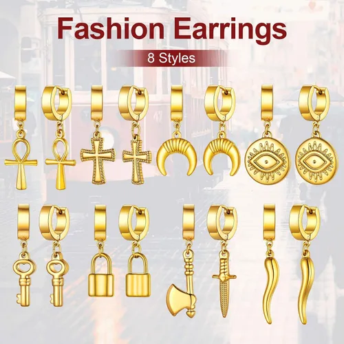 Vista 5 de FaithHeart Aretes de aro Huggie para mujer, acero inoxidable, chapado en oro de 18 quilates, aretes colgantes de gota de AnkhCrossCandkBocina
