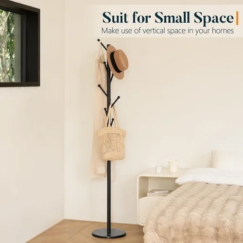 Vista 9 de Yoobure Perchero independiente con base de mármol natural – Perchero con 8 ganchos resistente para colgar abrigos, perchero de metal para chaqueta