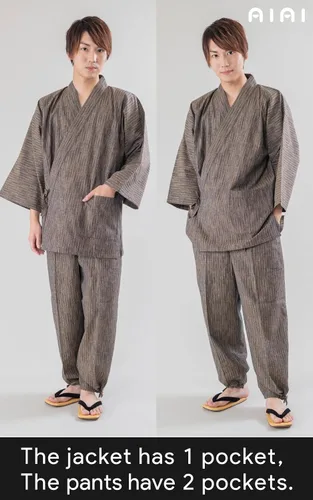 Vista 5 de Kurumé Kasuri Samue Virtical Striped suave relax 100% algodón hecho en Japón, Marrón