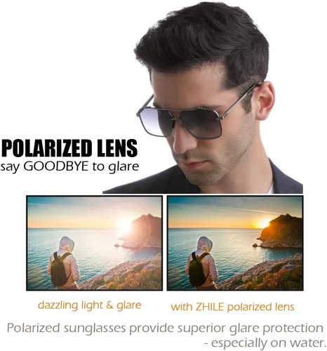 Vista 5 de ZHILE Gafas de sol cuadradas polarizadas para hombre - Marco de metal aviador de gran tamaño - Lentes de protección UV degradados