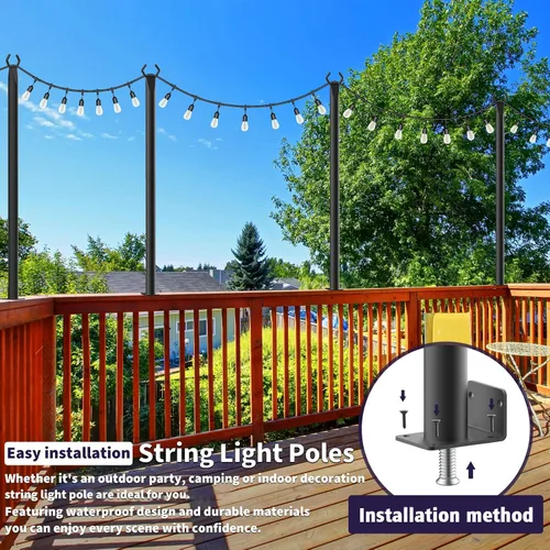 Vista 2 de Paquete de 2 postes para luces de cadena, postes para luces de cadena de 5 pies para exteriores con clips de fijación, postes de metal para luces