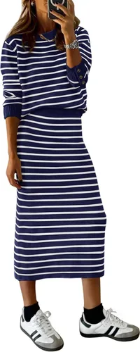 Vista 12 de PRETTYGARDEN - Conjunto de falda de suéter a rayas de 2 piezas para mujer Rayas de albaricoque