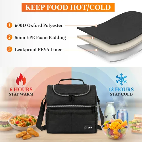 Vista 3 de OPUX Lonchera para hombres y mujeres, bolsa de almuerzo grande aislada para trabajo de adultos, lonchera de dos pisos para preparación de comidas