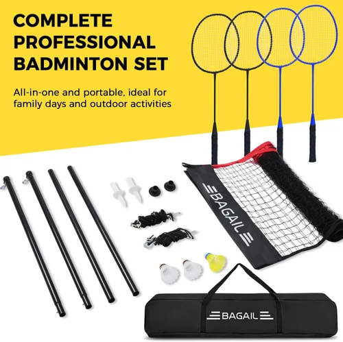 Vista 6 de BAGAIL Juego de red de bádminton para exteriores con sistema de cabrestante anti-hundimiento, tamaño oficial de 20 pies x 5 pies, 4 raquetas, 3