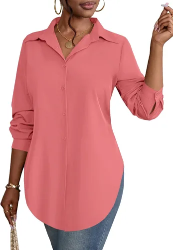 Vista 35 de Rooscier Blusa larga con cuello en V para mujer, manga larga, abertura lateral, con botones