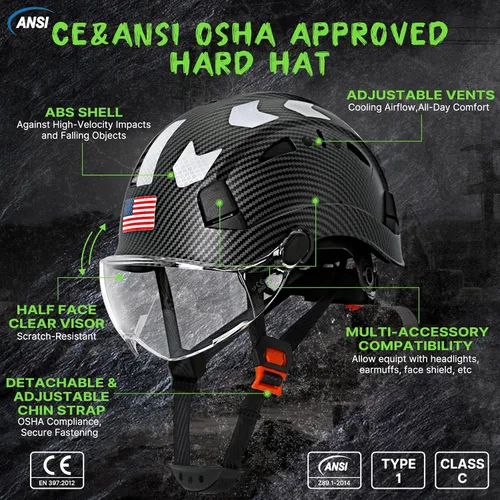 Vista 2 de Aolamegs Carbon Fiber Pattern Hard Hat with Visor, ANSI Z89.1 Vented Safety Helmet, OSHA Approved Construction Hardhat for Men, 6-Point Suspension