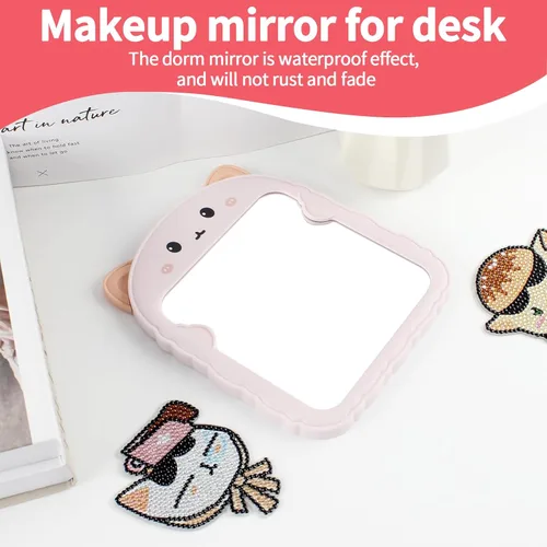 Vista 4 de TBWHL Bonito espejo de escritorio de dibujos animados con gato para escritorio, espejo de escritorio con soporte para niñas, niños, espejo colgante