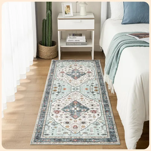 Vista 142 de Istana Alfombra larga antideslizante de 2.5 x 8 para el hogar, para pasillo y cocina, lavable, sedosa y suave al tacto, elegante, color azul y marfil