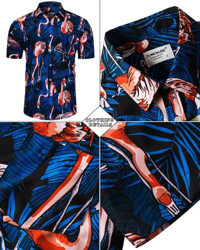 Vista 88 de TUNEVUSE Conjunto de camisas y pantalones cortos hawaianos para hombre, 2 piezas, trajes de playa con estampado de flores, traje tropical de verano
