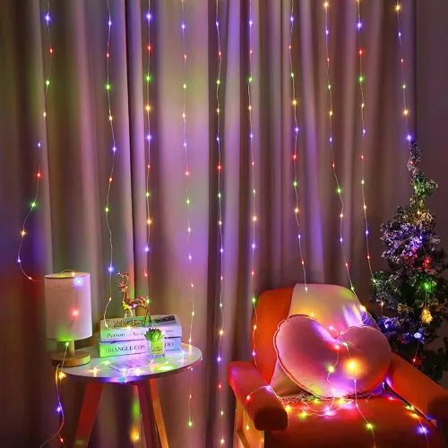 Vista 3 de YEOLEH Guirnalda de luces de cortina, luces de cortina de alambre de cobre impermeables con control, 8 modos de luces USB enchufables, buenas