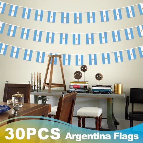 Vista 6 de Bandera de cuerda argentina en pendón, pequeña mini bandera argentina en guirnalda, decoración nacional del país para escuela, fiesta, eventos