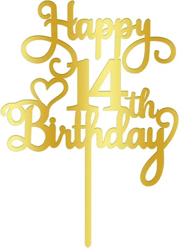 Vista 3 de Decoración de pastel de cumpleaños número 14, decoración acrílica dorada de doble cara, para decoración de pastel de feliz cumpleaños 14, decoración
