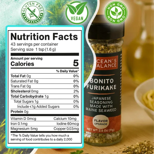 Vista 2 de Condimento Bonito Furikake de Ocean Balance - Condimento de algas marinas con algas de Maine Coast - Condimento saludable con sal de algas marinas